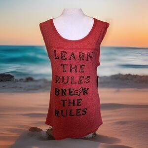 Fox Tank Top Open Back Learn The Rules Break The Rules Red Women’s Size L NWT